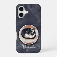 Art de chat endormi noir et blanc cosy avec nom pe