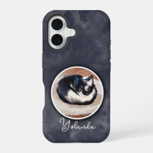 Coque iPhone 16 Art de chat endormi noir et blanc cosy avec nom pe