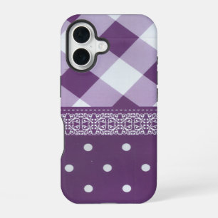 Coque iPhone 16 Art de Damas floral à pois à carreaux blancs viole