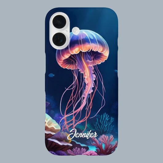 Coque iPhone 16 Art de méduse, nom en écriture blanche