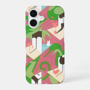 Coque iPhone 16 Art Déco vintage Jazz Pochoir Palmiers et Oiseaux