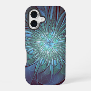 Coque iPhone 16 Art fractal de fleurs bleues moderne abstrait tend