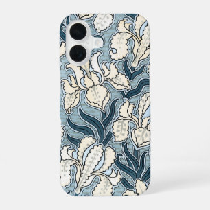 Coque iPhone 16 Art Nouveau vintage, fleurs d'iris de jardin bleue