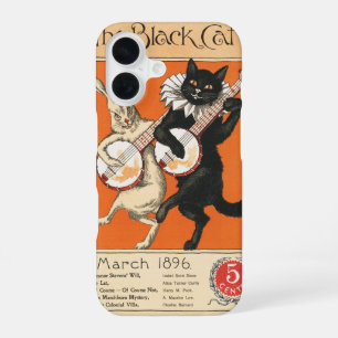 Coque iPhone 16 Art Rétro Banjo Lapin Blanc Chat Noir Orange