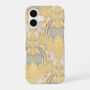 Coque iPhone 16 Arts and Crafts Walter Crane Bleus Tulipes Blanche