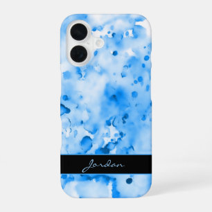 Coque iPhone 16 Artsy Sky Blue Watercolor Paint Splates avec nom