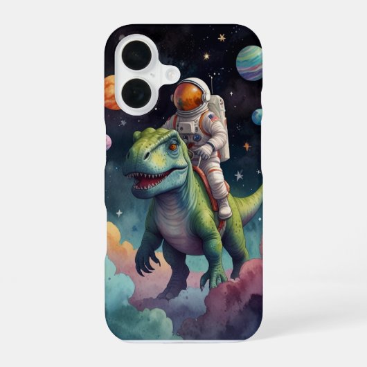 Coque iPhone 16 Astronaute sur Dino dans l'espace (Verso)