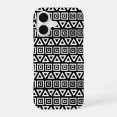 Coque iPhone 16 Aztec Triangles+Motif Carré blanc sur noir (Verso)
