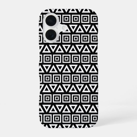 Coque iPhone 16 Aztec Triangles+Motif Carré blanc sur noir (Verso)