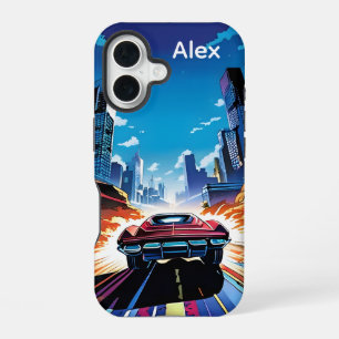 Coque iPhone 16 Bande dessinée voiture allant vite Personnalisé