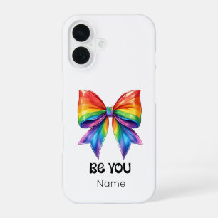 Coque iPhone 16 Be You Pride - Custom Name & Coquette Rainbow Bow