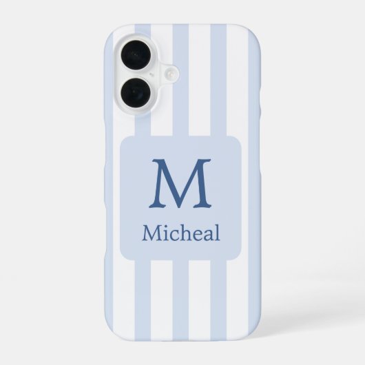 Coque iPhone 16 Bébé Bleu Stripes Garçon Monogramme Classique (Verso)
