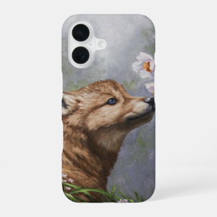 Coque iPhone 16 Bébé loup gris mignon et fleurs