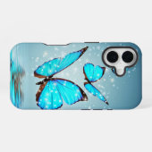 Coque iPhone 16 bel papillon bleu brillant (Verso Horizontal)