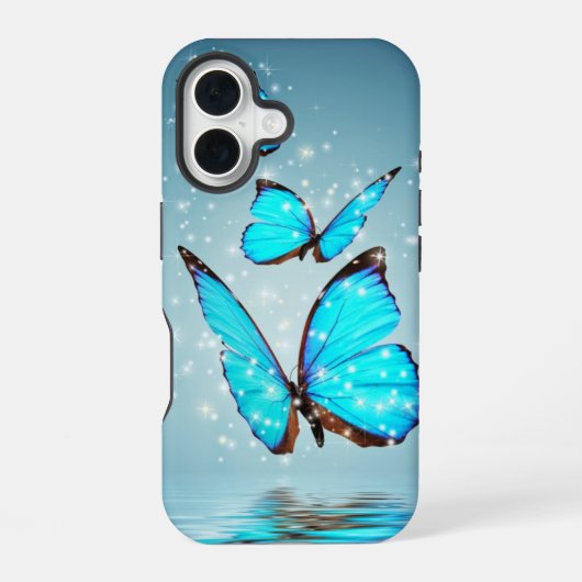 Coque iPhone 16 bel papillon bleu brillant (Verso)
