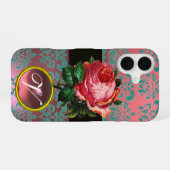 COQUE iPhone 16 BELLE ROSE ROSE BLEU SARCELLE DAMAS GEMME MONOGRAM (Verso Horizontal)