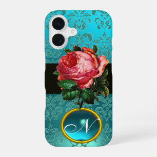 COQUE iPhone 16 BELLE ROSE ROSE PÂLE BLEU SARCELLE DAMAS GEMME MON