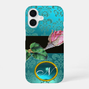 COQUE iPhone 16 BIJOU ROSE PÂLE, GEMME DAMASSÉE BLEU TURQUOISE MON