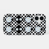 Coque iPhone 16 Black and White Checked Pansy Pattern (Verso Horizontal)