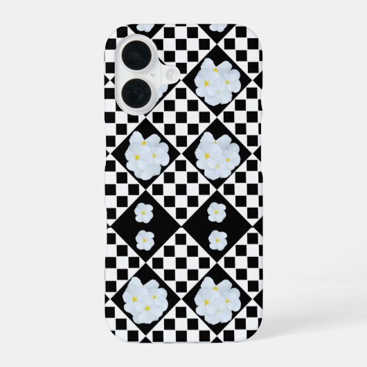 Coque iPhone 16 Black and White Checked Pansy Pattern (Verso)