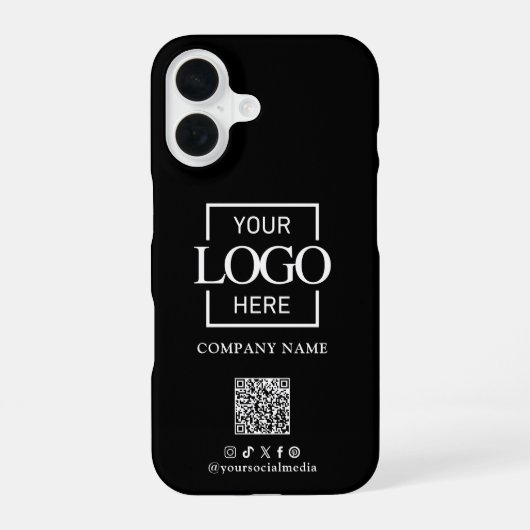 Coque iPhone 16 Black Stylish Minimalist Business Logo & QR Code (Verso)