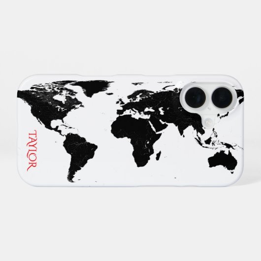 Coque iPhone 16 Black & White World Map – Personalized (Verso Horizontal)