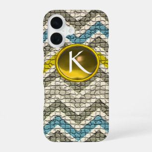 COQUE iPhone 16 BLANC JAUNE GRIS BLEU MOSAÏQUE CHEVRONS GEM MONOGR