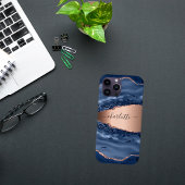 Coque iPhone 16 Bleu agate marbre rose or nom script