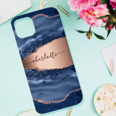 Coque iPhone 16 Bleu agate marbre rose or nom script
