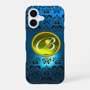COQUE iPhone 16 BLEU BLACK DAMASK JAUNE GEM MONOGRAM