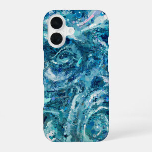 Coque iPhone 16 Bleu Blanc Turquoise Mer vague Splash Abstraction