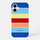 Coque iPhone 16 Bleu Brown et rayures jaunes Monogramme Téléphone (Verso)