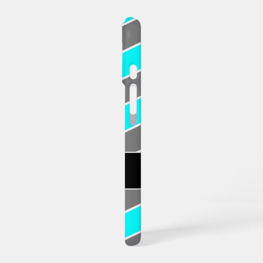 Coque iPhone 16 Bleu cyan, Gris, Chevron noir, Monogramme (Côté gauche)