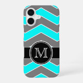 Coque iPhone 16 Bleu cyan, Gris, Chevron noir, Monogramme (Verso)