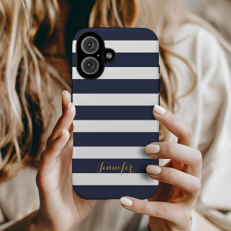 Coque iPhone 16 Bleu de marine et d'or Classic rayures Monogramme