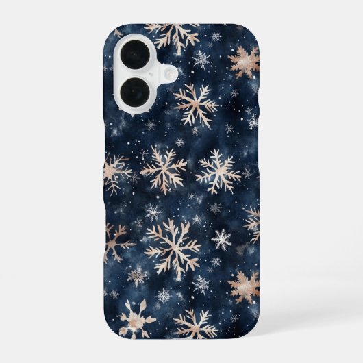 Coque iPhone 16 Bleu foncé simple avec flocons de neige (Verso)