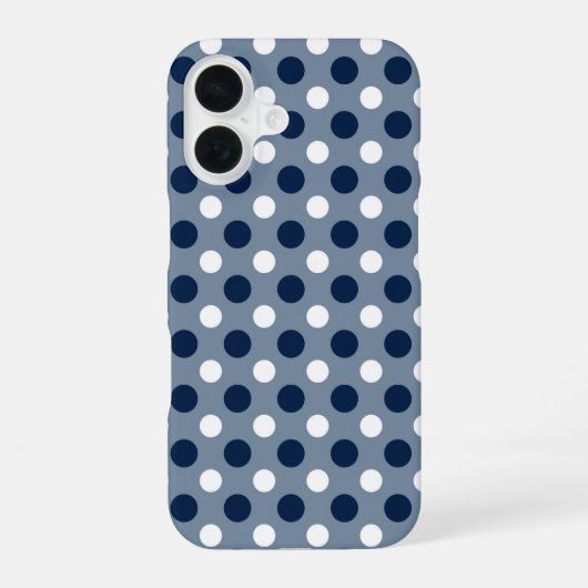 Coque iPhone 16 bleu-gris marine et points blancs (Verso)