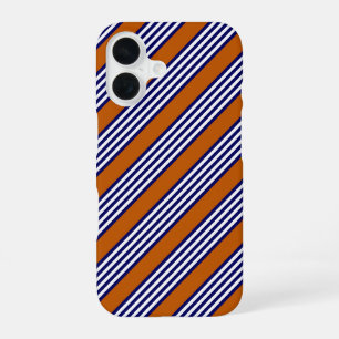 Coque iPhone 16 Bleu marine et rayures blanches avec orange brûlé