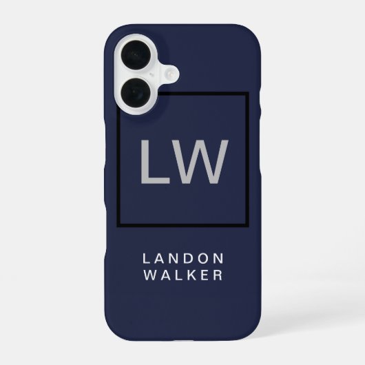 Coque iPhone 16 Bleu minuit professionnel simple monogramme modern (Verso)