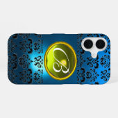 COQUE iPhone 16 BLEU NOIR DAMAS JAUNE MONOGRAMME GEM (Verso Horizontal)