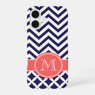 Coque iPhone 16 Bleu Nuit et Chevron Corail Monogramme Personnalis