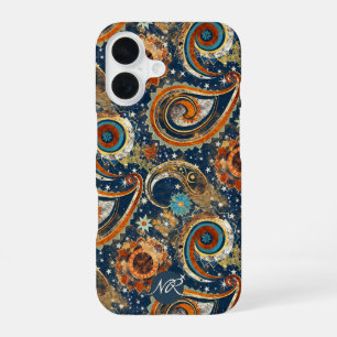 Coque iPhone 16 Bleu Nuit Or Céleste Motif Paisley Monogramme