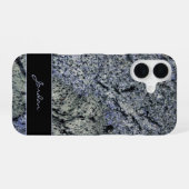 Coque iPhone 16 Bleu & Sage Vert Granit poli avec nom Pierre (Verso Horizontal)