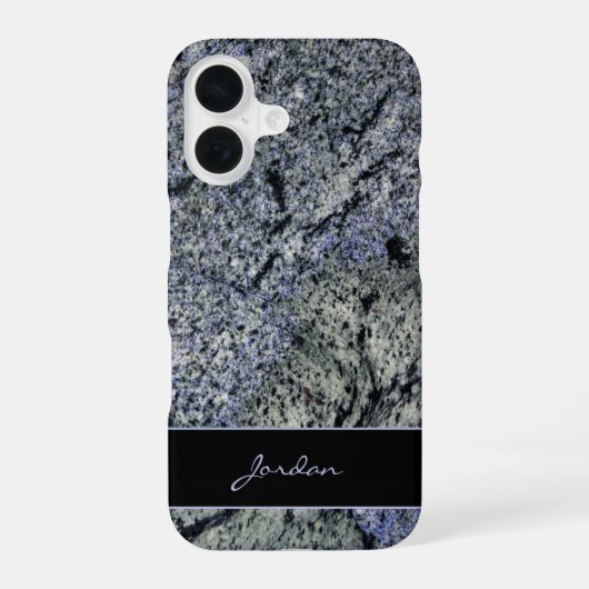 Coque iPhone 16 Bleu & Sage Vert Granit poli avec nom Pierre (Verso)
