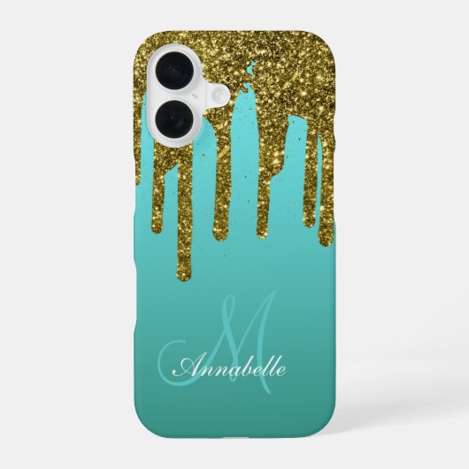 Coque iPhone 16 Bleu sarcelle vert - Gouttes de paillettes dorées (Verso)