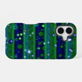 Coque iPhone 16 Bleu vert rayures avec étoiles et Raindrops (Verso Horizontal)
