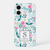 Coque iPhone 16 Blue and Pink Floral Pattern with Monogram Name (Verso)