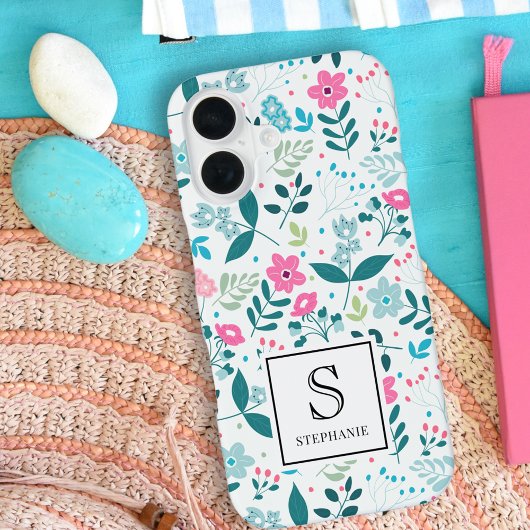 Coque iPhone 16 Blue and Pink Floral Pattern with Monogram Name