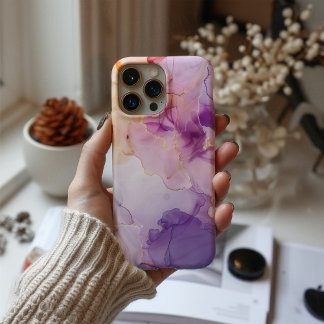 Coque iPhone 16 Blush Lavande Aquarelle Veines Dorées Luxe