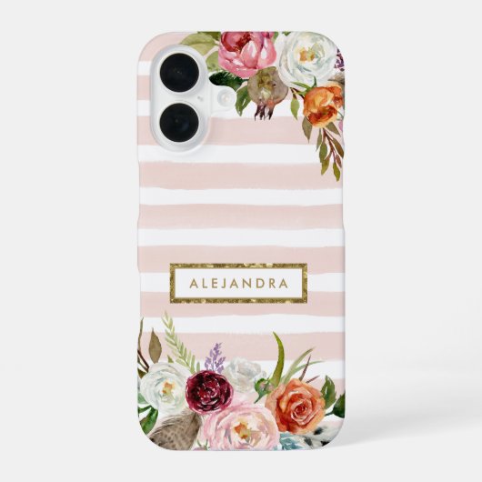 Coque iPhone 16 Boho Blooms Blush Rayure Monogramme (Verso)